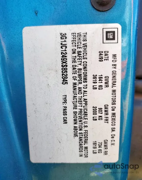 1999 Chevrolet Cavalier Base из США, поврежденный, VIN 3G1JC1249XS852845